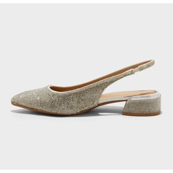 Women's Silver Elle Rhinestone Slingback Pointed Toe Pumps Size 8 - A New Day - Picture 2 of 7